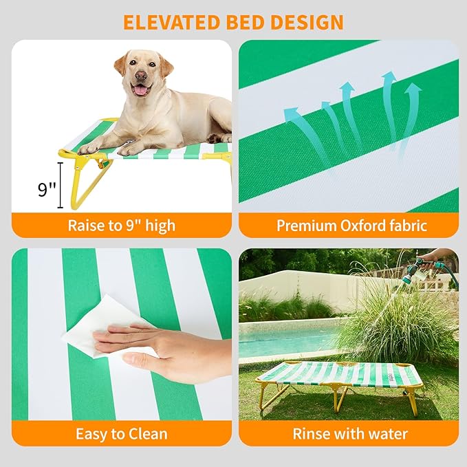 Dog Elevated Bed Foldable Portable Raised Bed Camping cot Outdoor Summer Dog Bed (Large, GreenStripes-Oxford Fabric)