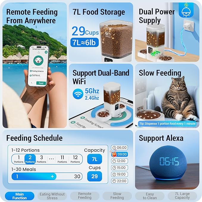 5G WiFi Automatic Cat Feeder with Slow Feed for 2 Cats: Automatic Dog Feeder with 7L Large Food Storage, Cat Food Dispenser with Alexa for Multiple Pets, Detachable for Easy Cleaning -29 Cup