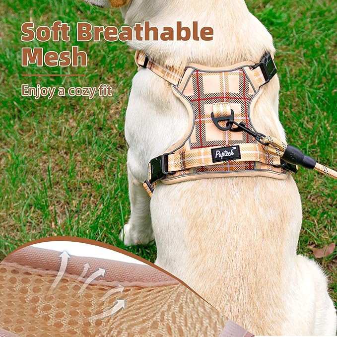 PUPTECK No Pull Dog Harness for Large, Adjustable Reflective Dog Harness with Handle Easy Control, Comfortable Soft Padded Pet Vest Harness for Large Dogs, Plaid Beige L