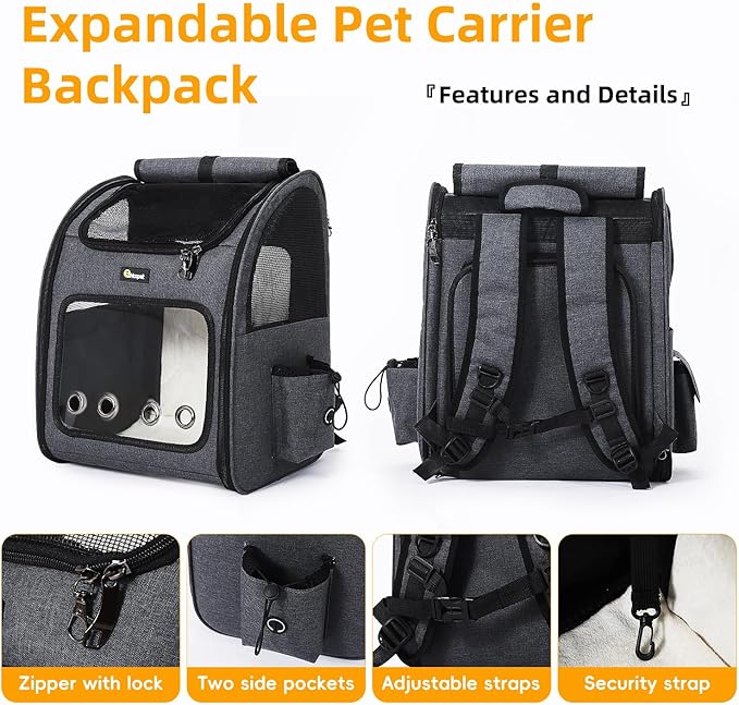 Hoopet Expandable Cat Backpack Carrier – Breathable Pet Carrier for Small Cats & Dogs, Foldable Travel Backpack with Mesh Ventilation for Hiking, Walking, Camping, Dark Grey