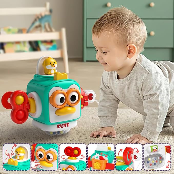 4 in 1 Baby Toy for 6 9 12 18 Month, Learning Toys for Babies 6-12 Months, Baby Busy Cube, Stacking Sorter, Pull String & Piano Xylophone Travel Toy, Birthday Gift for 1 2 Year Old