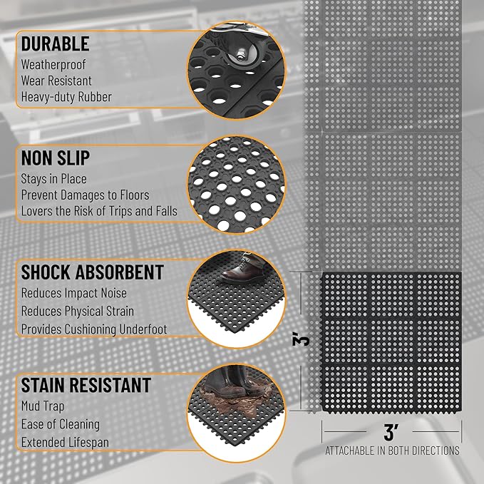 Ottomanson Heavy Duty Rubber Floor Mat – Non-Slip, Waterproof, Easy to Clean – Anti-Fatigue Mat for Commercial Kitchens, Restaurants, Workshops – Oil Resistant, Hose Washable – 36" x 36", Black