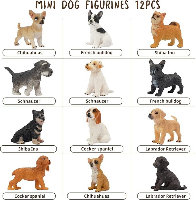 Toymany 12PCS Mini Dog Figurines Toy Set, Realistic Detailed Plastic Puppy Figures Playset, Hand Painted Dogs Animals Toy, Cake Toppers Easter Eggs Christmas Birthday Gift for Kids Toddlers