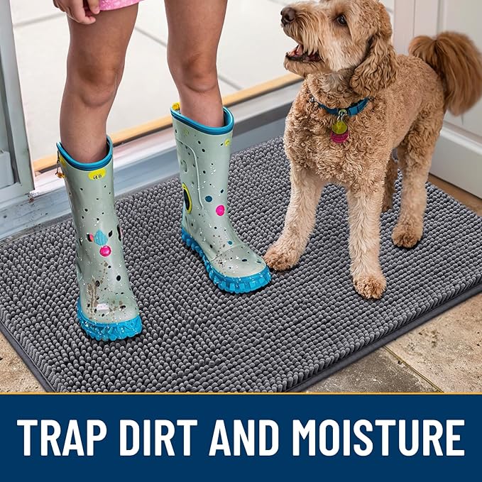 Smiry Dog Door Mat for Muddy Paws 47x32, Absorbs Moisture and Dirt Doormat, Non-Slip Washable Quick Dry Chenille Front Door Mat Indoor Entrance, Entryway Carpet for Inside Floor, Dark Grey