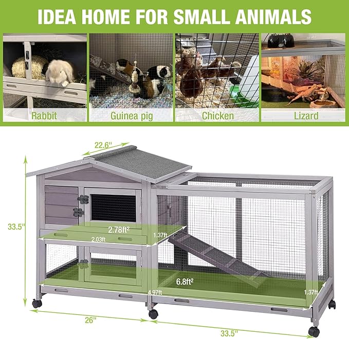 Outdoor Rabbit Hutch Indoor Bunny on Wheels Large Guinea Pig Cage with Run for Any Small Animals,Removable Pull Out Tray…