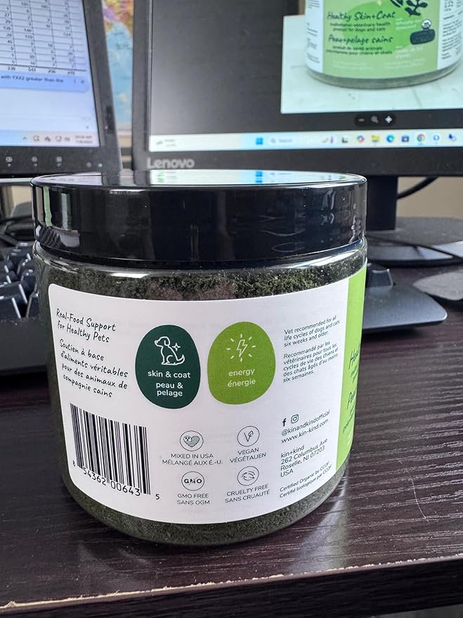 kin+kind Organic Multivitamin for Dogs & Cats - Pet Supplement for Healthy Skin and Coat - Safe, Natural Formula with Wheatgrass, Kelp, Seaweed and Coconut - Made in USA - 8 oz (Large)