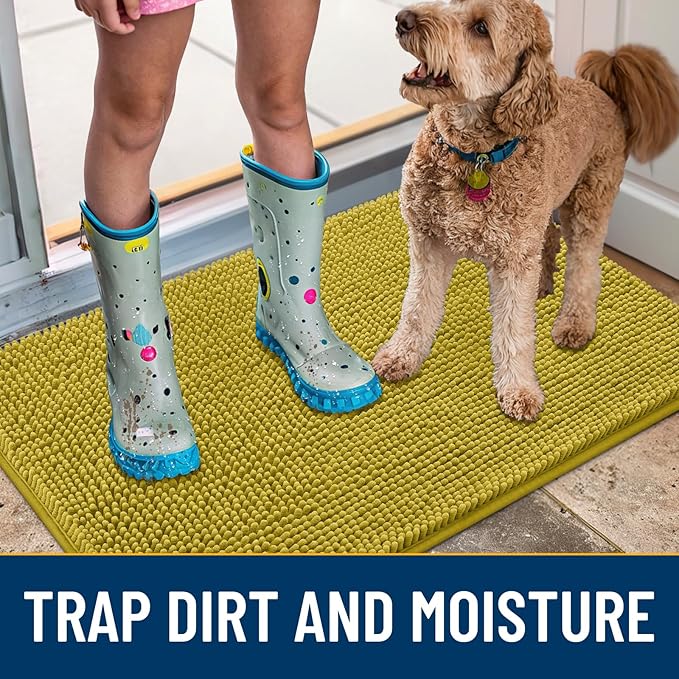 Smiry Dog Door Mat for Muddy Paws 30x20, Absorbs Moisture and Dirt Doormat, Non-Slip Washable Quick Dry Chenille Front Door Mat Indoor Entrance, Entryway Carpet for Inside Floor, Mustard Yellow