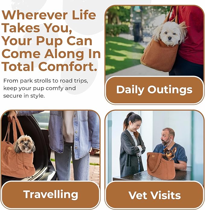 Corduroy Dog Carrier - Lightweight Cotton Soft-Sided Pet Tote with Safety Harness Clip - Breathable Travel Carrier for Small Dogs and Puppies (Brown)