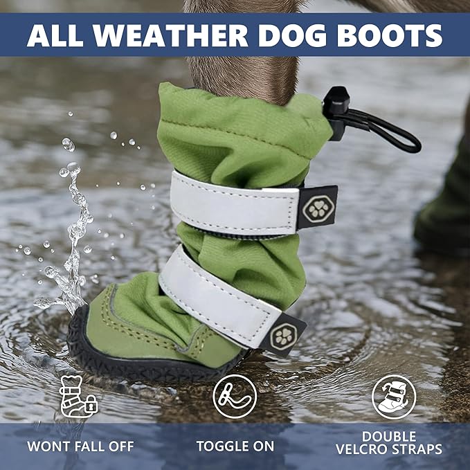 Spark Paws Dog Shoes, Waterproof Dog Boots for Medium to Large Dogs, Non Slip, Breathable Dog Booties and Paw Protectors - 4PCS Doggie Hiking Boots with Reflective Straps - Green, Size 5