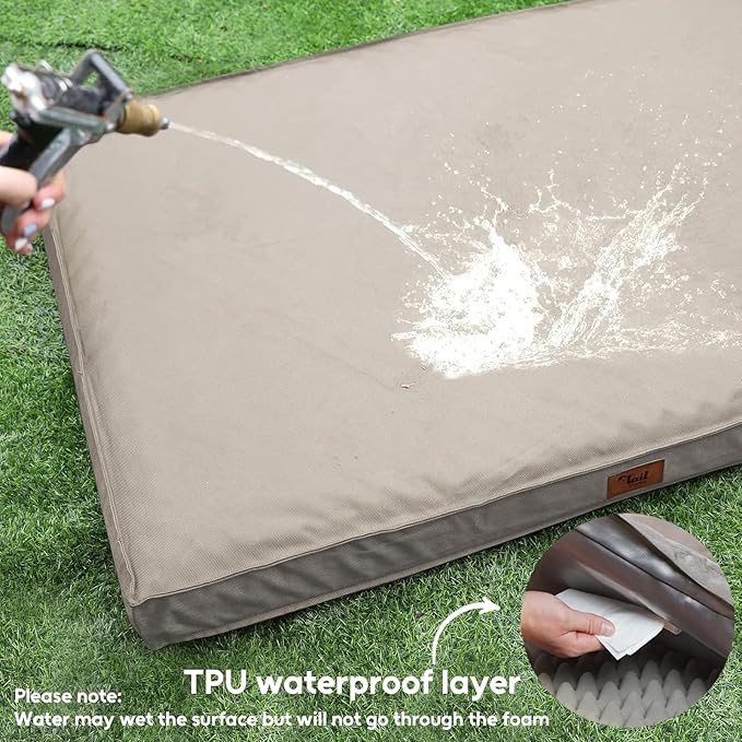 Outdoor Dog Bed for Medium/Small Dogs, Waterproof Dog Bed for Medium Dogs Cats, Orthopedic Egg Crate Foam Pet Bed with Removable Cooling Cover, Khaki