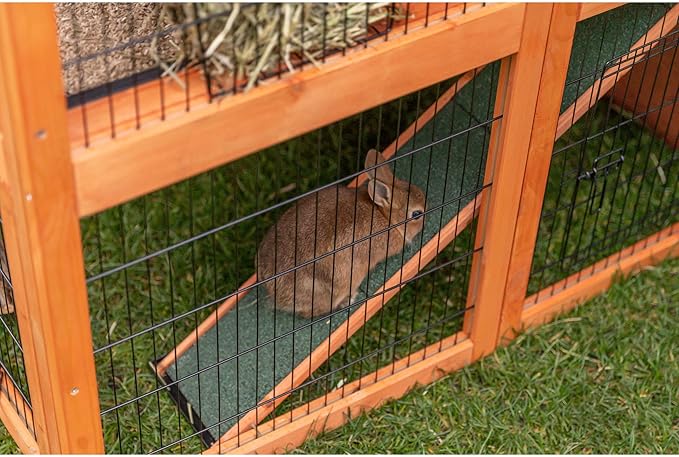 TRIXIE natura Outdoor Deluxe Rabbit Hutch with Run - Large 2-Story Rabbit Cage with Non-Slip Ramp - Elevated Small Animal House with Secure Playpen, Hinged Roof & Two Pull-Out Trays - in Natural