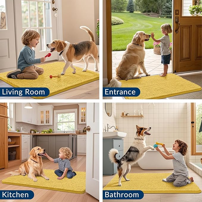 Smiry Dog Door Mat for Muddy Paws 24x16, Absorbs Moisture and Dirt Doormat, Non-Slip Washable Quick Dry Chenille Front Door Mat Indoor Entrance, Entryway Carpet for Inside Floor, Yellow