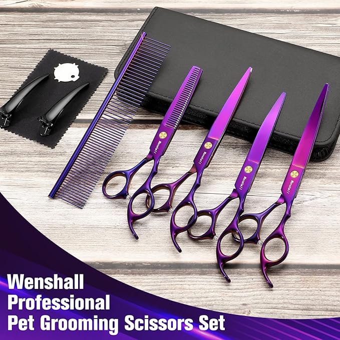 Professional Dog Grooming Scissors Set - 6.5" Thinning, 7" Straight, 7" Up-Curved, 7" Down-curved Scissors and Comb for Dog Cat Pet (Purple)