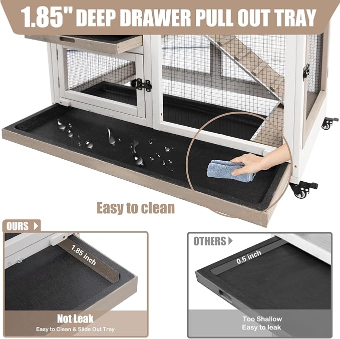 Rabbit Hutch Indoor 40" L Large 2 Story Outdoor Wooden Bunny Hutch with Run, 4 Metal Wheels & 2 Deeper Trays, UV-Proof Panel Rabbit Cage Guinea Pig Pet House for Small-Medium Animals