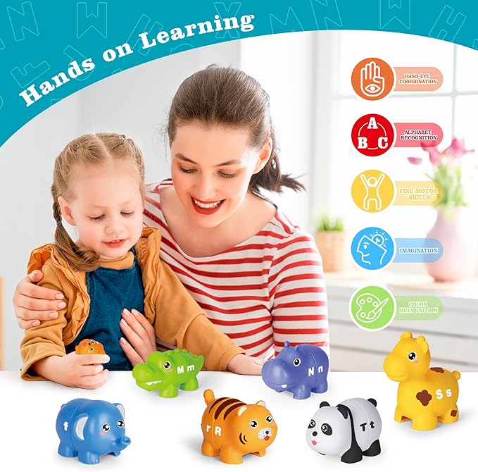 Learning Toys for 2 3 4 Year Old, 52 Pcs ABC Animal Alphabet Match Game with Uppercase Lowercase, 10 Different Animal Figures, Preschool Activities Montessori Fine Motor Toys for Toddlers Kids