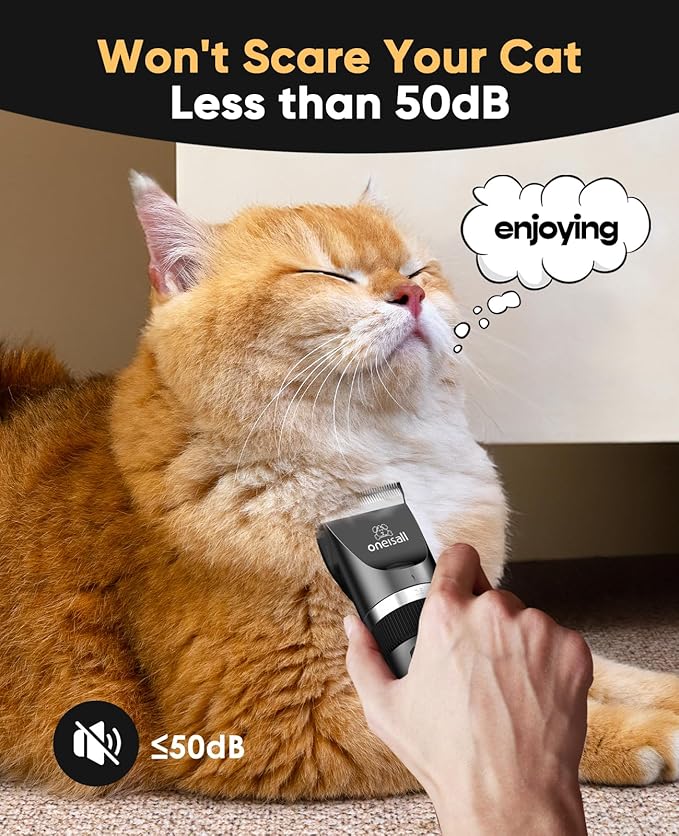 oneisall Quiet Cat Clippers for Matted & Long Hair, 2-Speed Cordless Pet Shaver Grooming Kit for Cats, Small Dogs & Animals (Black)