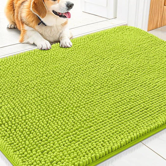 Smiry Dog Door Mat for Muddy Paws 30x20, Absorbs Moisture and Dirt Doormat, Non-Slip Washable Quick Dry Chenille Front Door Mat Indoor Entrance, Entryway Carpet for Inside Floor, Bright Green
