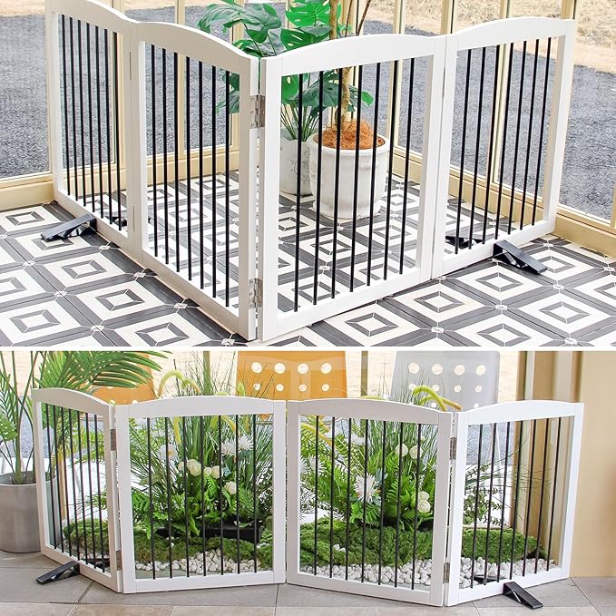 ZJSF Freestanding Panel Dog Gate for Indoor, Doorways,Stairs, or Hallways,Foldable Wooden White Pet Gates for House,Pet Gate for Dogs,Dog Fence, Puppy Gate,Support Feet Included,24 "Height-4 Panels
