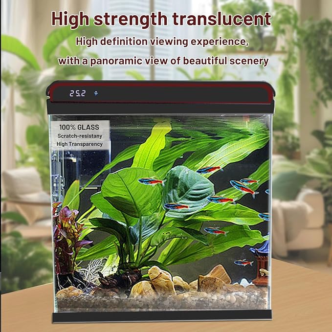 10 Gallon Glass Fish Tank Aquarium Starter Kit - Self-Cleaning with 3-Color LED Lights, Ultra-Quiet Pump & Filter, Smart Temperature Monitoring for Betta, Shrimp, and Tropical Fish