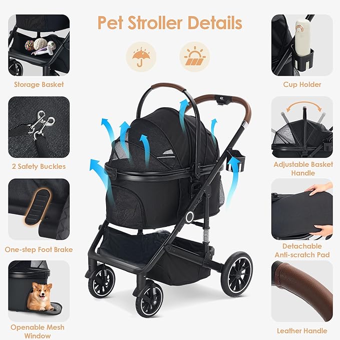 Pet Stroller with 4 Wheels, 3 IN 1 Folding Puppy Strollers for Small/Medium Dogs Cats up to 50lbs, Lightweight Pet Travel Carrier with Detachable Cushion, Storage Basket and Cup Holder, Black