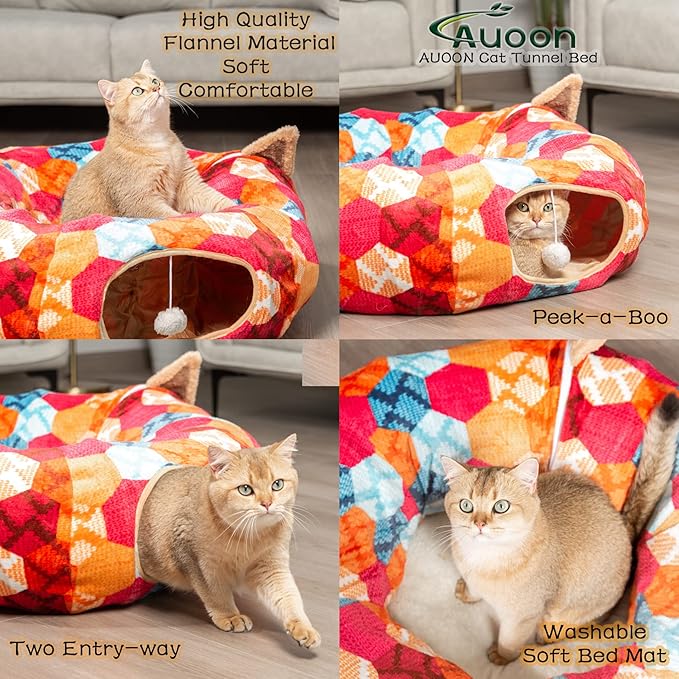 AUOON Cute Cat Donut Tunnel - Interactive Cat Tunnel Bed for Indoor Cats Kitten Kitty Puppy Rabbit Ferret (Orange)
