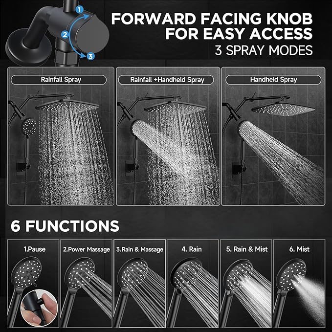 Veken Wide Rain Shower Head with 6 Modes Handheld Water Spray，High Pressure Showerhead Combo with Arm for Bathroom Accessories，Home Decor Adjustable Dual Shower with Anti-Clog Nozzles，Matte Black