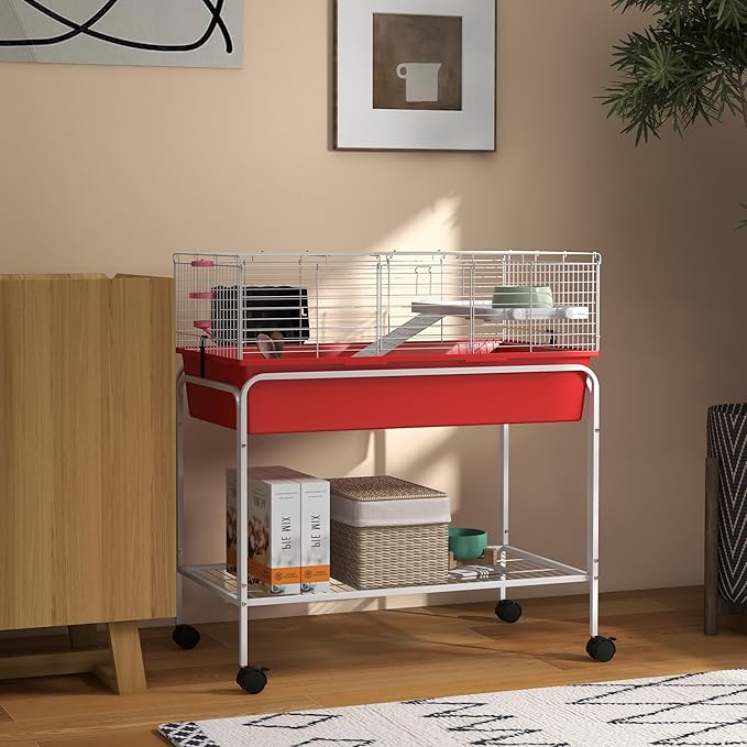 PawHut Two-Story Small Animal Cage Removable from Stand, Guinea Pig Cage with Shelf & Wheels, Pet Habitat for Hedgehog, Chinchilla, Ferret, 33" x 18.5" x 35", Red