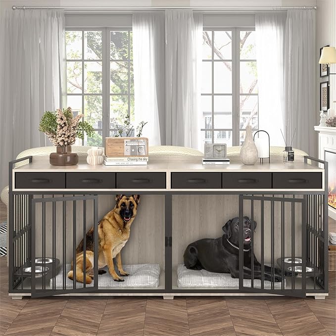 86.6inch Dog Crate Furniture with Storage,Furniture Style TV Stand Dog Kennel for 2 Dogs,with 6 Drawers,Removable Divider&Adjustable Bowls,Heavy Duty Metal Chew-Resistant Dog Crate Furniture