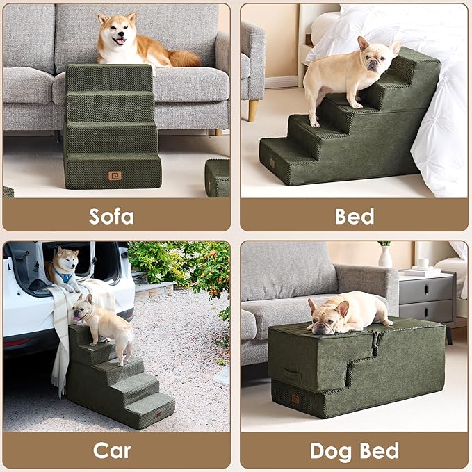EHEYCIGA Dog Stairs for Bed 18" H, 4-Step Dog Steps for High Bed, Pet Steps for Small Dogs and Cats, Non-Slip Balanced Pet Ramp Indoor, Olive Green