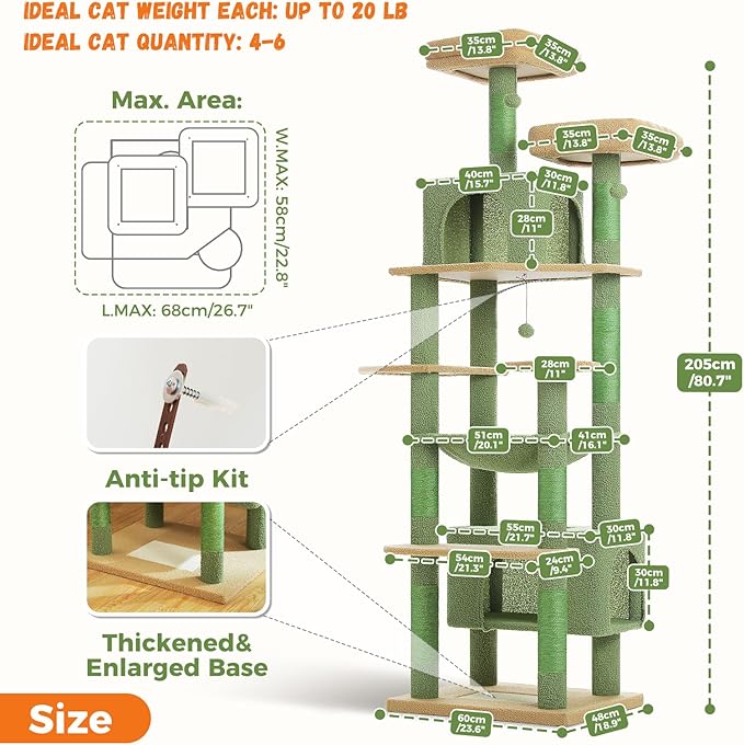 PAWZ Road Heavy Duty Cat Tree for Large Cats, 81 Inches Cactus Tall Cat Tower with 2 Perches, 2 Condos and Spacious Hammock, XL Extra Large Condo with 7 Scratching Posts for 20lb+ Adult Cats, Green