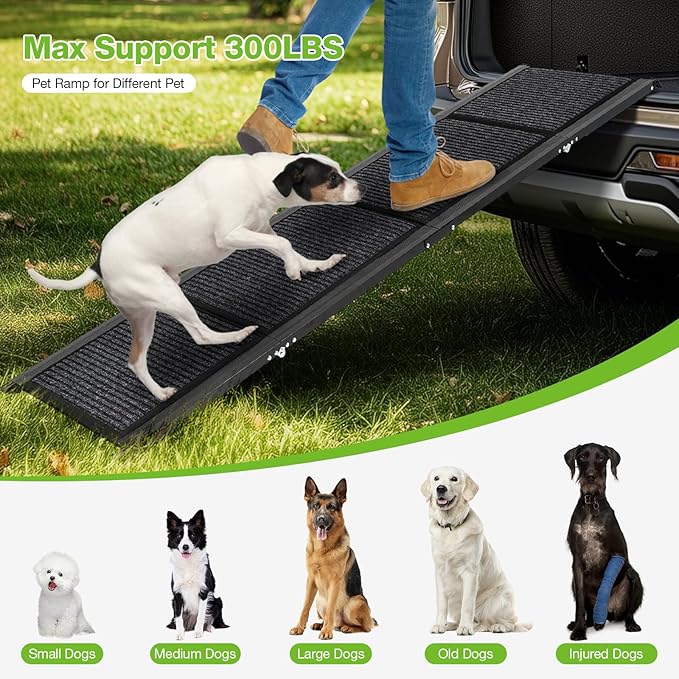 FAHKNS Dog Ramp for Car, 71" x 17" Extra Long Wide Folding Pet Ramp, Non-Slip Rug Surface, Aluminum, Black, Up to 300 LBS