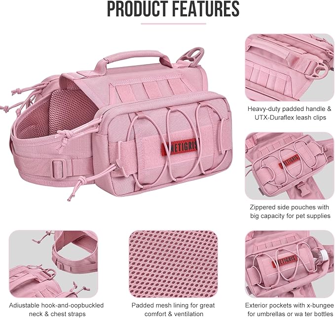 ONETIGRIS Dog Backpack for Medium & Large Dogs, Mammoth Nylon Dog Pack Tactical Backpack Harness with Side Pockets for Hiking Walking Training Running (Pink, Large)