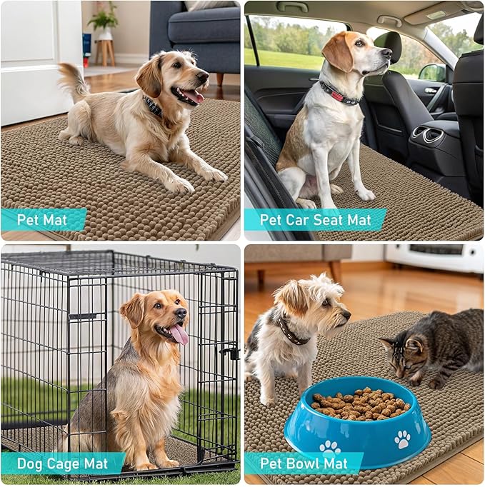 OLANLY Dog Door Mat for Muddy Paws 44x24, Absorbs Moisture and Dirt, Absorbent Non-Slip Washable Doormat, Quick Dry Chenille Mud Mat for Dogs, Entry Indoor Entryway Carpet for Inside Floor, Tan