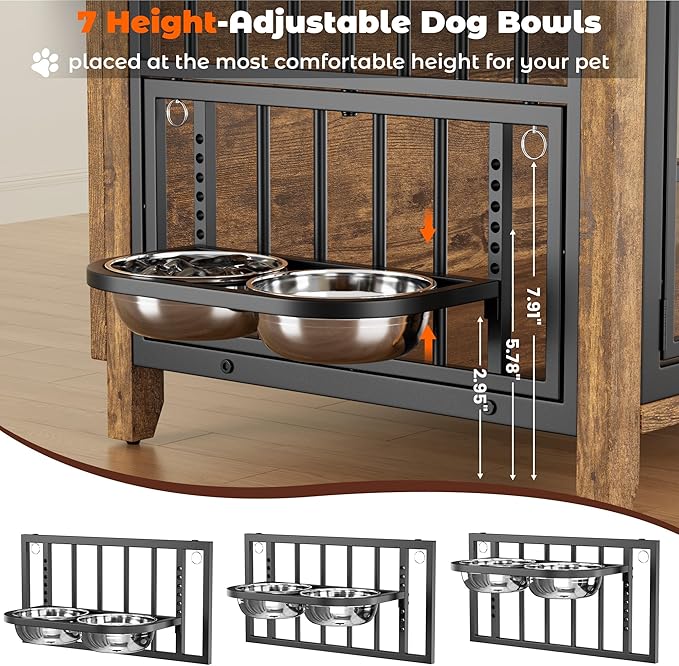 Lulive Wooden Dog Crate Furniture, Large Dog Kennel Indoor with 360°& Adjustable Raised Dog Bowls, Double Doors Furniture Dog Crates End Table for Large/Medium Dogs 37.8" L*23.6" W*27" H, Brown
