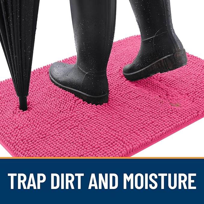 OLANLY Dog Door Mat for Muddy Paws 47x17, Absorbs Moisture and Dirt, Absorbent Non-Slip Washable Doormat, Quick Dry Chenille Mud Mat for Dogs, Entry Indoor Entryway Carpet for Inside Floor, Hot Pink