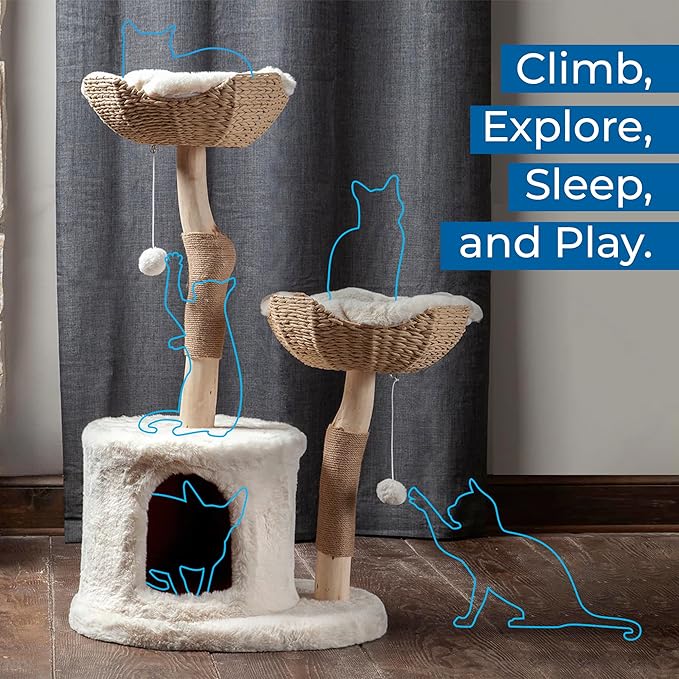 The Bungalow Cat Tree - Luxury Cat Condo, Large Modern Indoor Tower with 2 Faux Fur Beds, Scratching Posts, Toys, and Den for Cats, 23.5-Inch Width x 18-Inch Depth x 43-Inch Height