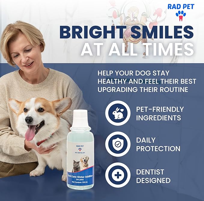 Rad Health Water Additive – Dog Dental Water Additive for Fresh Breath, Plaque & Tartar Control, Easy Mouthwash for Dogs & Cats, 330ml Formula Supports Daily Oral Hygiene, No Brushing Needed