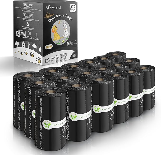Certified Compostable Dog Poop Bags-270 Bags 18Rolls, Poop Bags for Dogs Made of Cornstarch - ASTM D6400 By USA, Leakproof Easy Open, Unscented Dog Waste Bags (Black)