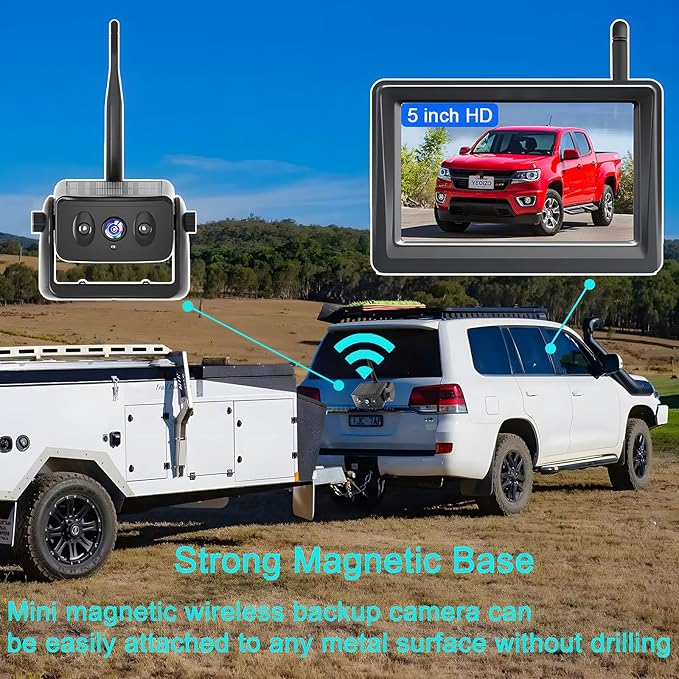 Wireless Backup Camera for Trucks & RVs, Solar - Powered - Magnetic, Portable, No - Drill, No - Wire Easy Install, Night Vision, Rechargeable with 5" HD Monitor systems for Car, Camper, Trailer