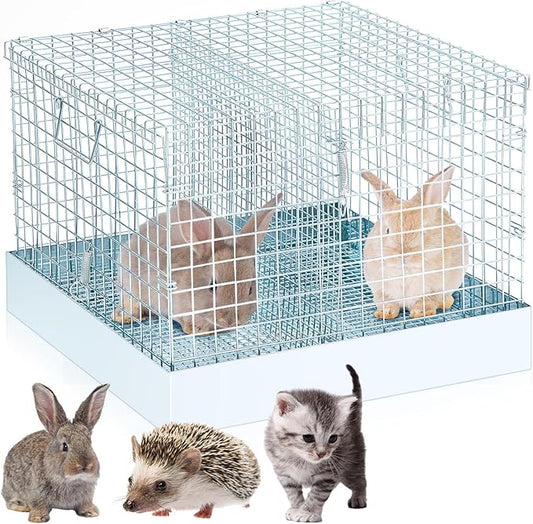 Folding Rabbit Cage, 18 x 18 x 14 in Portable Bunny Carrier with Tray and Handles for Transport, Trave or Temporary Housing, Indoor Outdoor Pet Habitat Animal Enclosure