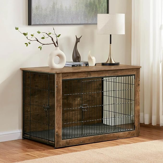 Dog Kennel Furniture, Wooden Dog Crate End Table, Heavy Duty Dog Crate, Decorative Pet Crate Dog Cage for Large Indoor Use (Rustic Brown) 39" L×26" W×27" H