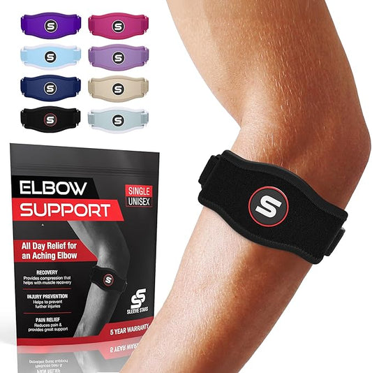 Sleeve Stars Tennis Elbow Brace for Women - Adjustable Tennis Elbow Strap, Golfers Elbow Brace for Men, Counterforce Brace for Tennis Elbow for Tendonitis Relief, Fits 9"-23" (Single/Black)
