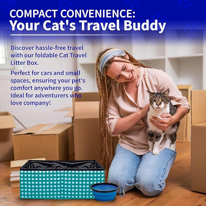 Pet Fit For Life - Vibrant Collapsible Travel Cat Litter Box - Portable, Foldable, Compact Design with Bonus Water Bowl - Ideal for Car & Camping - Reusable, Cats Safe - Teal, (16"x12"x5")