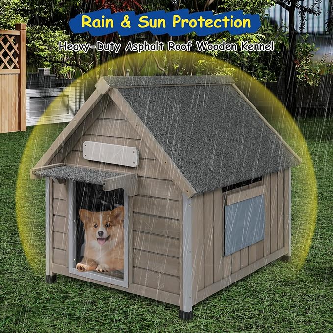 Outdoor Dog House Waterproof for Medium Small Dogs with Anti-Chewing Iron Frame, Adjustable Vent Window, Indoor & Outdoor Doghouse Kennel Puppy Shelter, Easy Clean and Assemble (26" L*31.9" W*32" H)