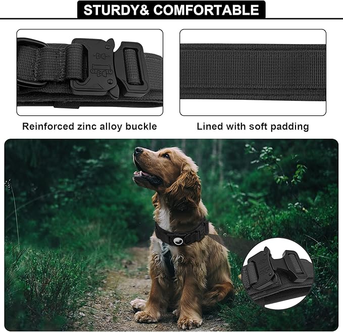 Tactical AirTag Dog Collar Leash Set - Heavy Duty, Adjustable GPS Collar Compatible with Apple AirTag, with Holder & Control Handle for Medium/Large Dogs [Black, XL]