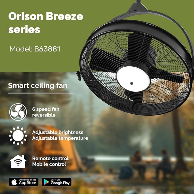 Orison 24.8'' Waterproof Outdoor Ceiling Fan, 6 Speed Ceiling Mounted Plug-In Cord Garage Fan with Remote&APP, 360-degree Manual Vertical Rotation, Hook hanging for Gazebo, Patio, Pergola (Black)