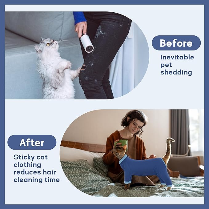 PUMYPOREITY Cat Hair Sticky Shirt – Breathable & Lightweight, Reduces Shedding Fur Pajamas, Prevents Licking Wounds After Surgery, Blue, L