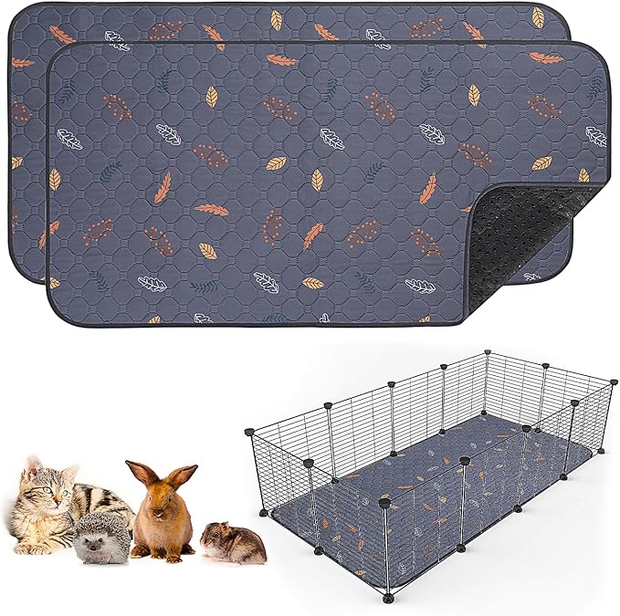 Sunheir 2 Pack Washable Guinea Pig Pee Pads, 24" x 48" Waterproof Reusable Guinea Pig Cage Liners, Absorbent Bedding Training Mat for Small Animal Guinea Pigs Rabbit Bunny Hamster (Leaves - Deep Grey)