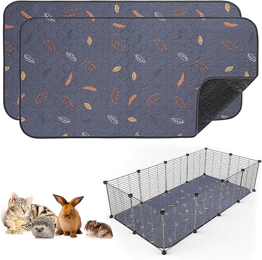 Sunheir 2 Pack Washable Guinea Pig Pee Pads, 24" x 48" Waterproof Reusable Guinea Pig Cage Liners, Absorbent Bedding Training Mat for Small Animal Guinea Pigs Rabbit Bunny Hamster (Leaves - Deep Grey)