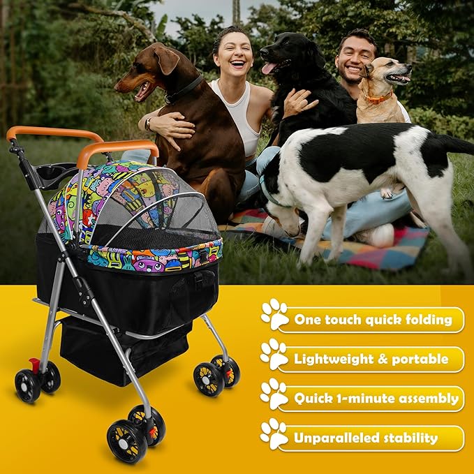 Pet Stroller with Storage Basket and Cup Holder, Folding Dog Jogger, Foldable Cat Stroller, 3 in 1 Puppy Kitten Cart, Pet Jogger for Medium Dog Cat (Magic Black)